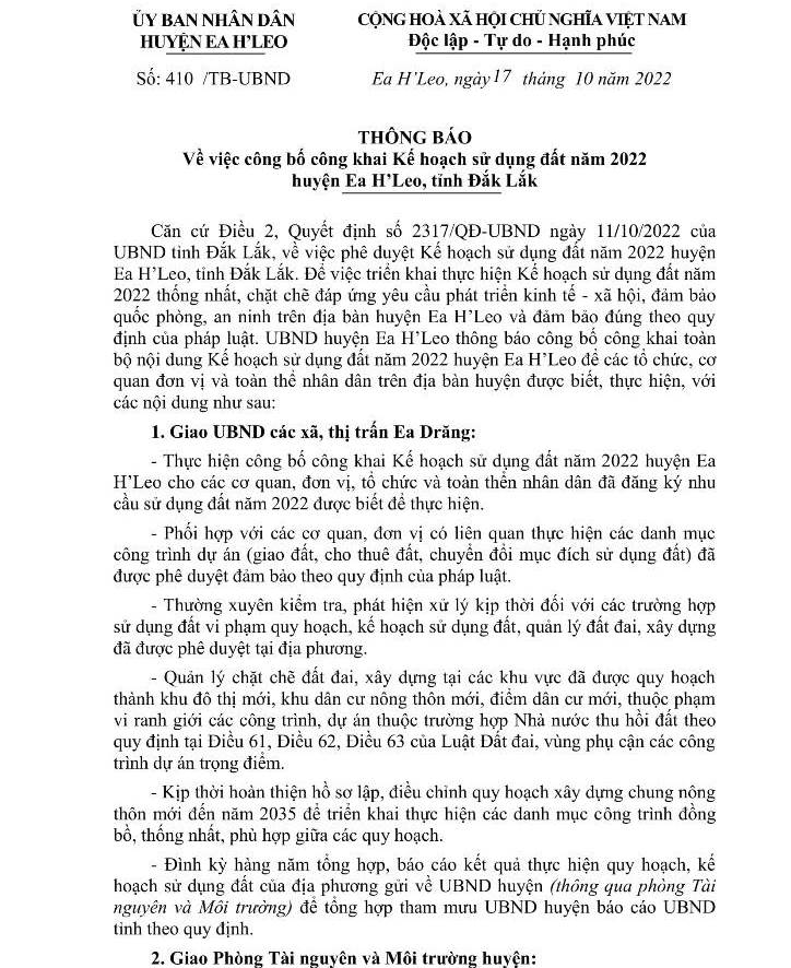 Về việc công bố công khai Kế hoạch sử dụng đất năm 2022 huyện Ea H’Leo, tỉnh Đắk Lắk